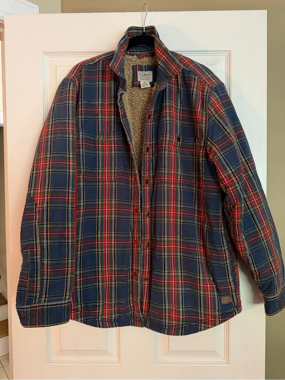 L.L. Bean Men's Navy and Red Plaid Sherpa-Lined Shirt Jacket